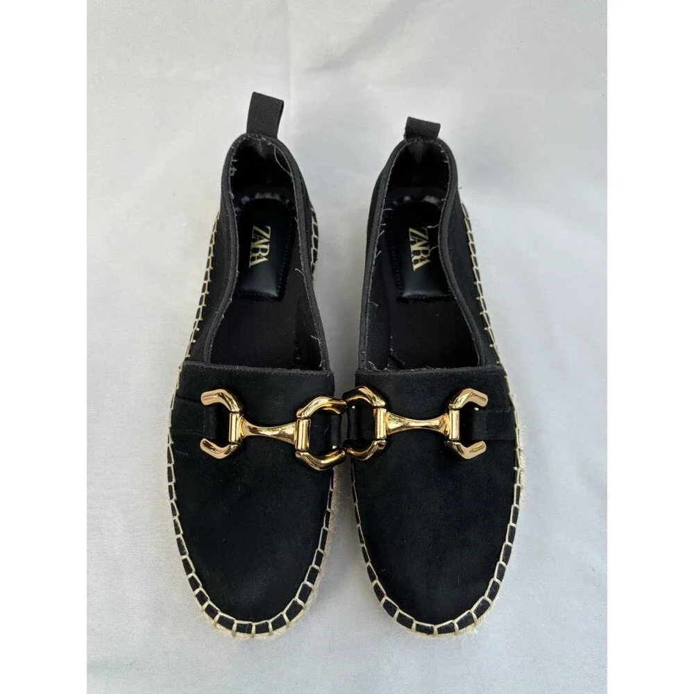 Zara Black Swede  Espadrille Flats with Gold Buckle 39